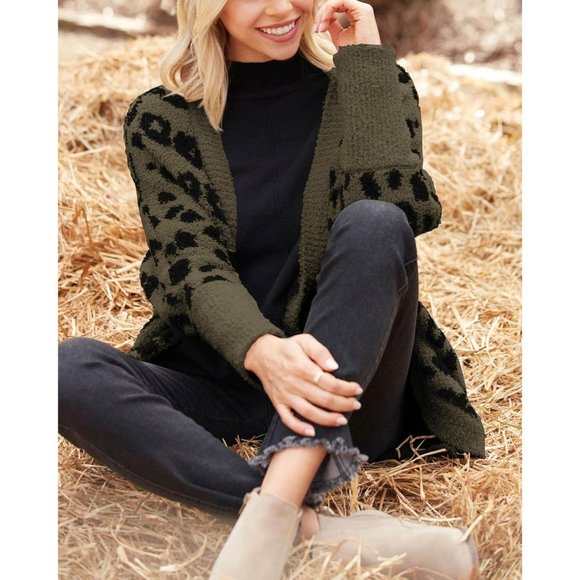 Womens Long Sleeve Open Front Fall Fashion Loose Knit Printed Winter Coats - Picture 2 of 4